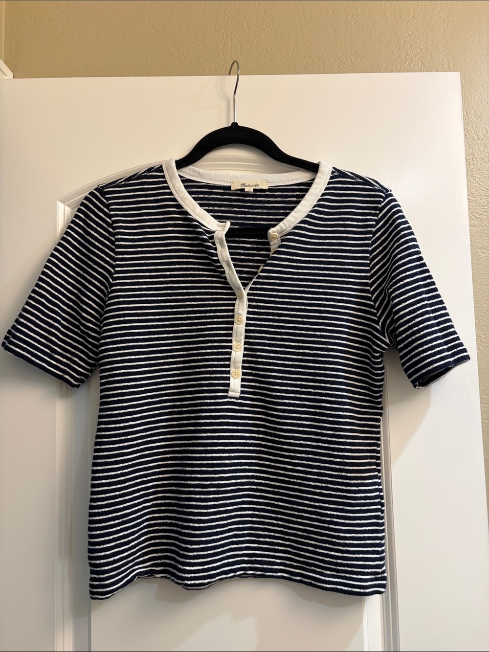 Madewell Navy and White Striped Short-Sleeve Henley Tee 100% Cotton